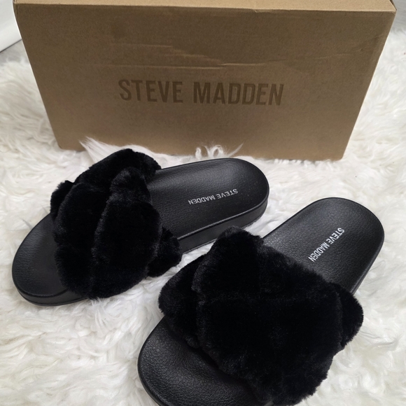 Steve Madden Shoes - Steve Madden Black Furry Slide Sandals